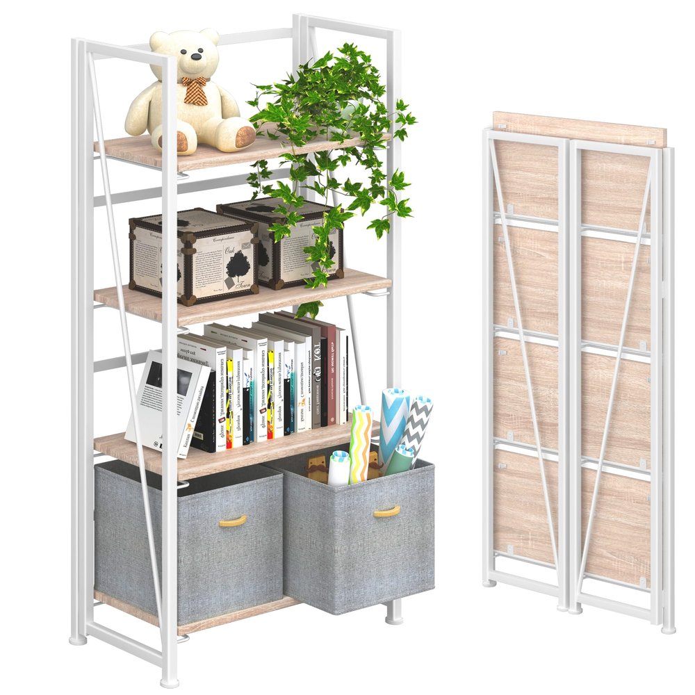 4NM No Assembly Folding Bookshelf Storage Shelves 4 Tiers Vintage Bookcase Standing Racks Study Organizer Home Office (Natural White)