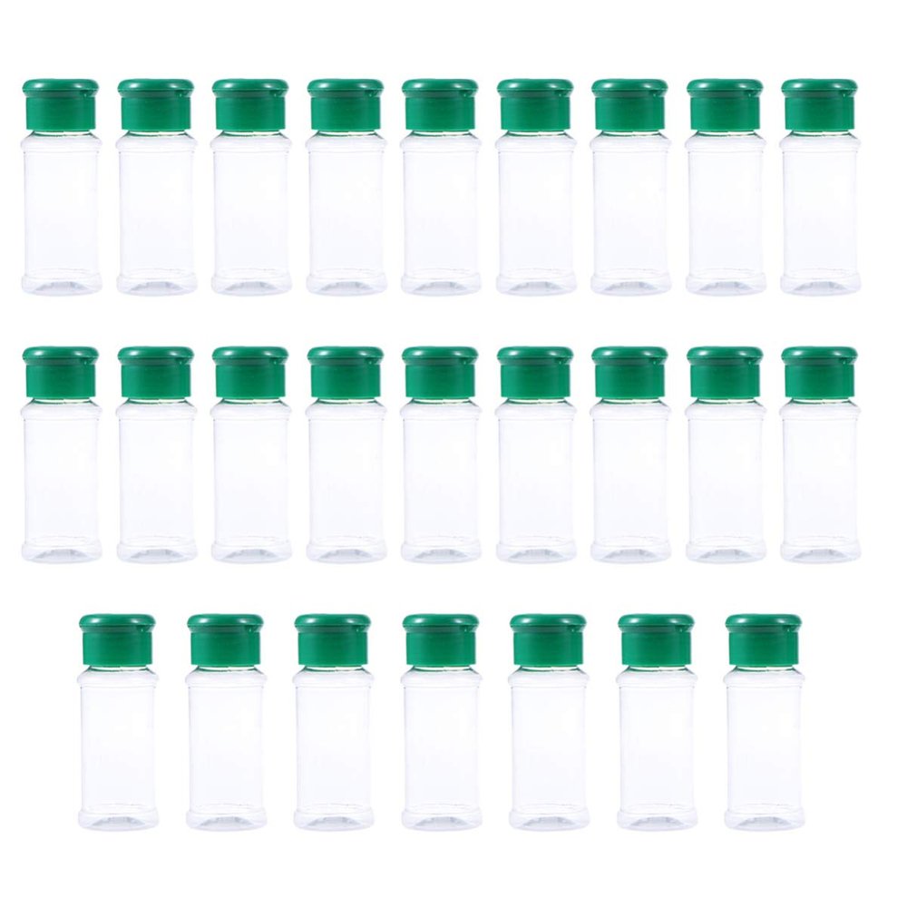 Cabilock 25pcs Plastic Spice Dispenser and Seasoning Jar for Kitchen and Bbq Coarse Spice Containers Removable Lid Green