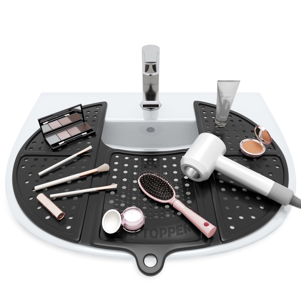 Sink Topper Bathroom Counter Cover & Storage Saver, Foldable Silicone Mat for Hot Tools, Hair Styling & Makeup, Beauty Brush Cleaning Mat, RV Camper Sink Cover & for Small Spaces (Standard Black)