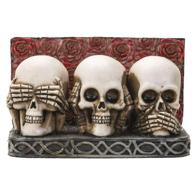 Pacific Trading Company Skull Business Card Holder for Desk, Hand Painted See Hear Speak No Evil Gothic Desktop Name Cards Display Organizer, 3 3/4 inchL x 2 1/8 inchH