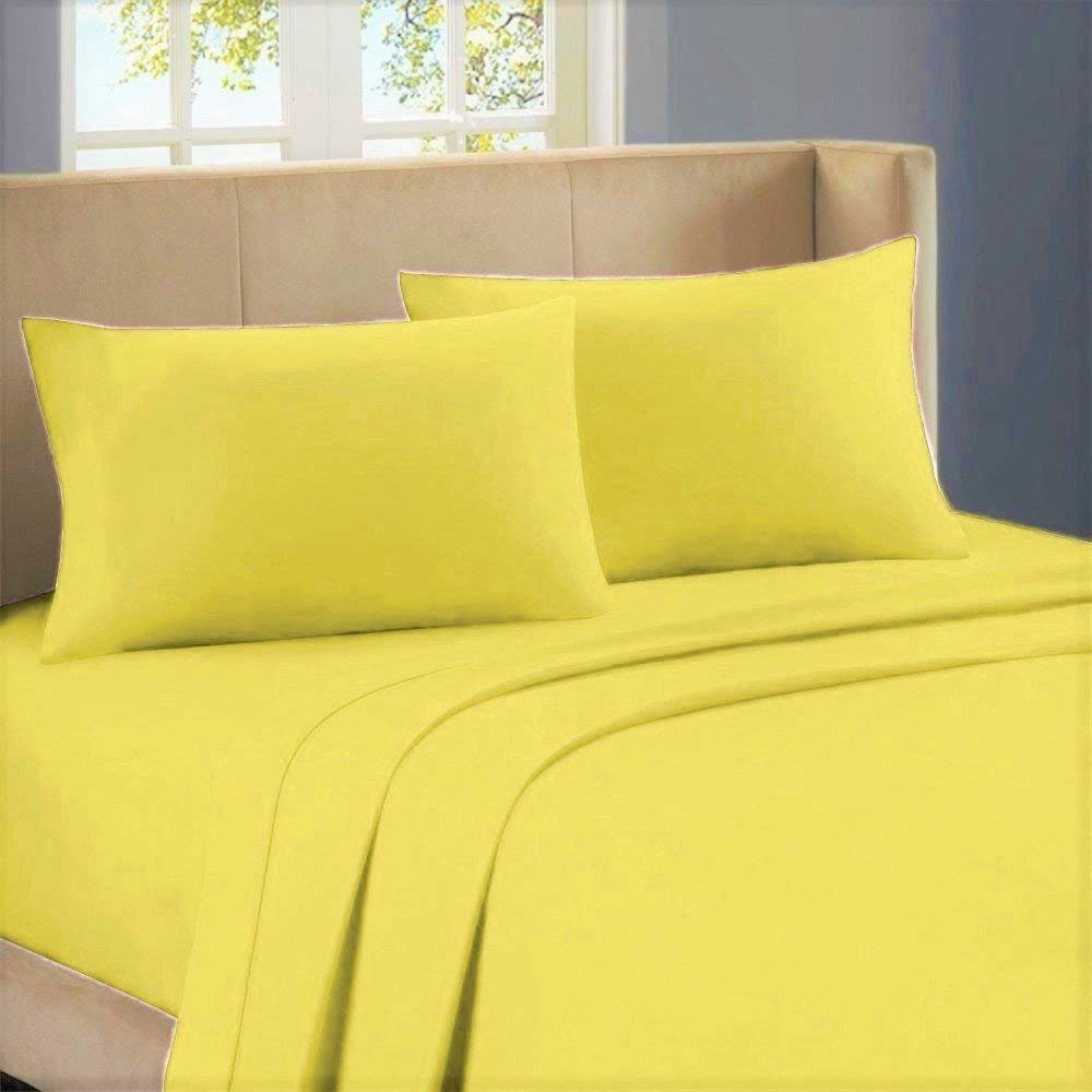 1000-Thread-Count 100% Egyptian Cotton Bed Sheet, 4-Pc Full XXL Yellow Solid Sheet Set Single Ply Long Staple Cotton Yarns, Sateen Weave, Fits Mattress Upto 18" Deep Pocket