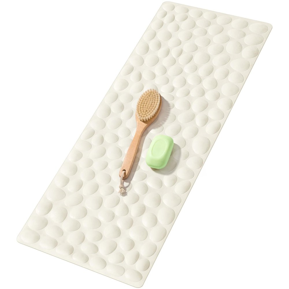Bligli Bathtub Mat Non Slip, 16x40 inch Extra Long Bath Tub Mat with Strong Suction Cups, Soft Rubber Bathroom Floor Mat, Machine Washable, 100% BPA Free (Beige)