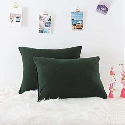 Household Cotton Jersey Knit Pillowcases, Soft and Breathable Travel Pillow Cases with Envelope Closure, 13" x 18" 2 Pack (Dark Green)
