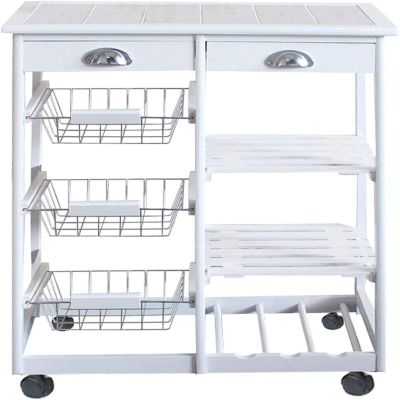 CYK CSK Rolling Utility Trolley on Wheels with Storage Drawer, Shelves and Cabinet 2-Drawer 3-Basket 3-Shelf Storage Rack with Rolling Wheels White, Kitchen Island Cart w/Wood Top,