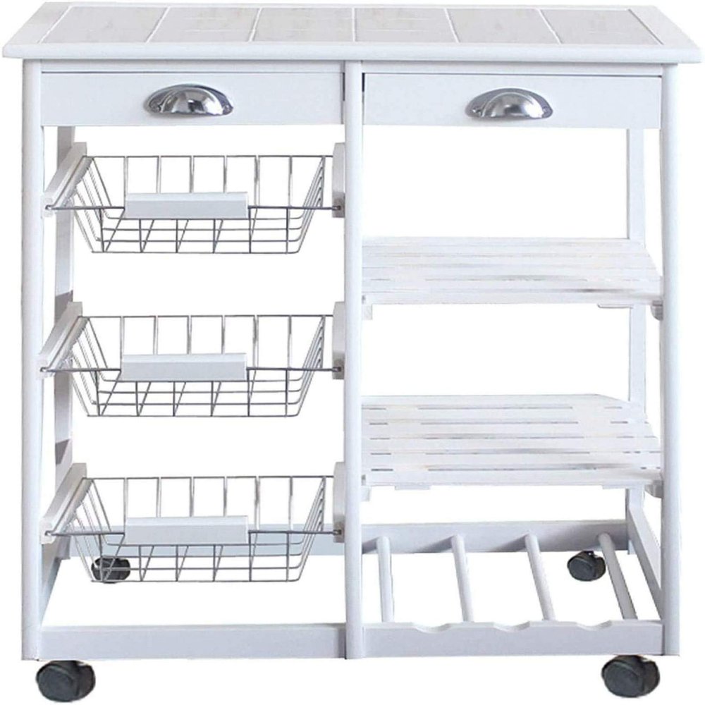 CYK CSK Rolling Utility Trolley on Wheels with Storage Drawer, Shelves and Cabinet 2-Drawer 3-Basket 3-Shelf Storage Rack with Rolling Wheels White, Kitchen Island Cart w/Wood Top,