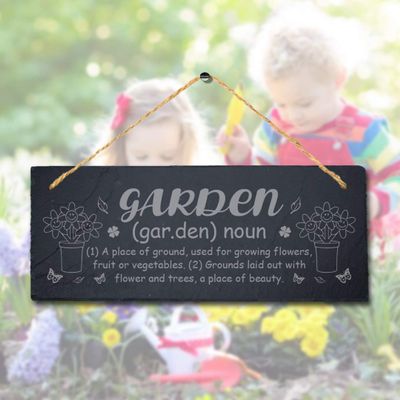 Stukk Garden A Place of Ground Flowers Tree Fruits Hanging Sign, Natural Engraved Slate Stone Plaque, 30x12cm