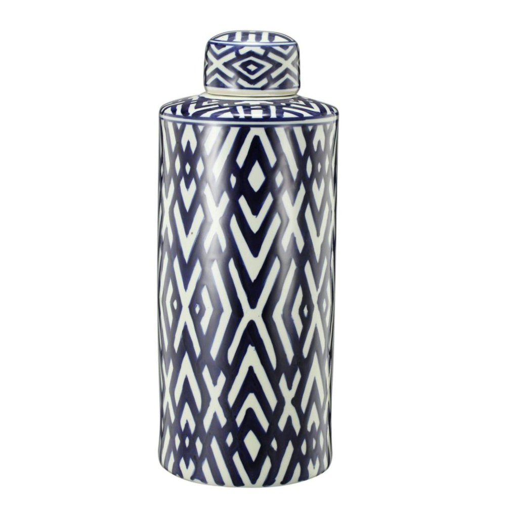 A & B Home Large Geometric Lidded Jar - 18" - Blue and White