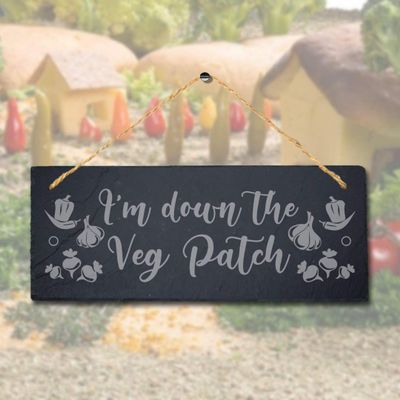 Stukk I am Down The Veg Patch Laser Hanging Garden Decor Sign, Natural Engraved Slate Stone Plaque, 30x12cm (Large)