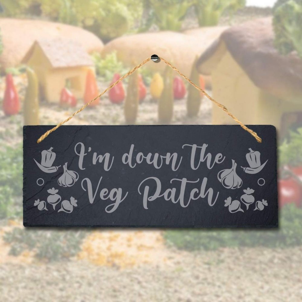 Stukk I am Down The Veg Patch Laser Hanging Garden Decor Sign, Natural Engraved Slate Stone Plaque, 30x12cm (Large)