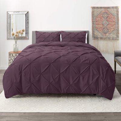 3 Piece Pinch Pleated Duvet Cover Set with 2 Pillow Shams 100% Egyptian Cotton 800 Thread Count with Zipper & Corner Ties Tuffed Pattern Decorative(California King/King)Pinch Purple Eggplant