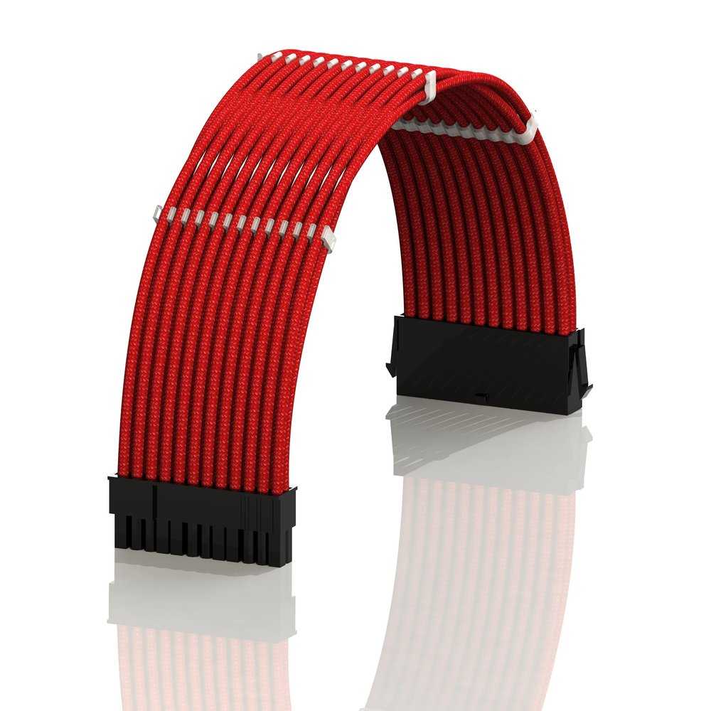 LINKUP ATX 24-Pin PSU Extension Cable | Braided Sleeved, 50cm, Red