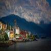 Iconic Arts Laminated 24x36 Poster: Church Under Cloudy Sky alps brissago Building Along with Lake and Landscape of Green Covered Mountain Switzerland hd Travel HD view 1