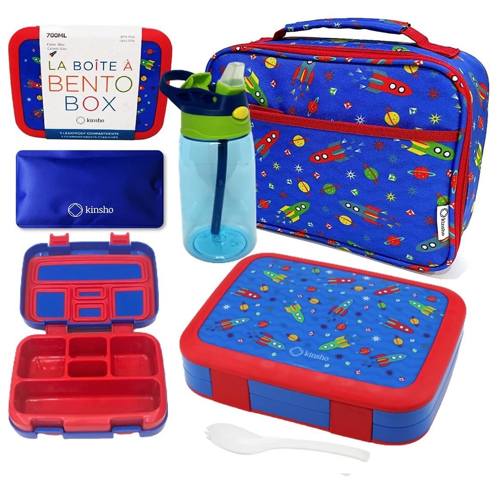 kinsho Bento Lunch Box, Water Bottle, Ice Pack Set for Kids Toddlers, 5 Portion Sections, Removable Plastic Tray, Pre-School Kid Toddler Daycare Lunches, Snack Container, Blue Space Rocket