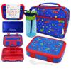 kinsho Bento Lunch Box, Water Bottle, Ice Pack Set for Kids Toddlers, 5 Portion Sections, Removable Plastic Tray, Pre-School Kid Toddler Daycare Lunches, Snack Container, Blue Space Rocket view 1