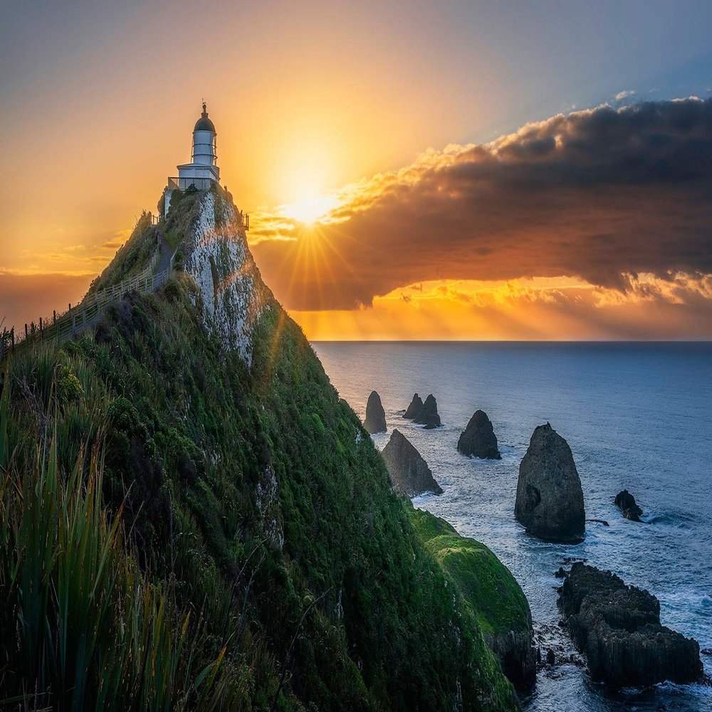 Iconic Arts Laminated 24x36 Poster: Dawn Lighthouse New Zealand Ocean During Sunrise Nature