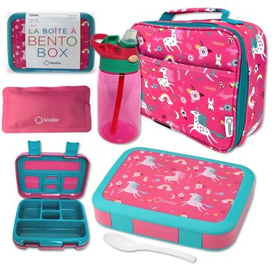 Bento Lunch Box with Insulated Bag, Water Bottle Ice Pack Set for Kids Toddlers, 5 Portion Sections, BPA Free Removable Tray, Pre-School Kid Toddler Daycare Lunches, Snack Container, Pink Unicorn