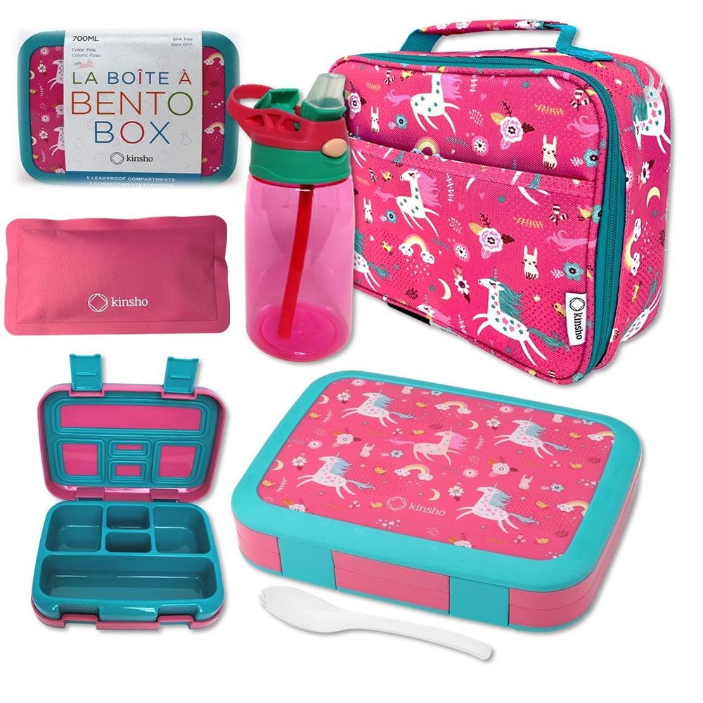 Bento Lunch Box with Insulated Bag, Water Bottle Ice Pack Set for Kids Toddlers, 5 Portion Sections, BPA Free Removable Tray, Pre-School Kid Toddler Daycare Lunches, Snack Container, Pink Unicorn