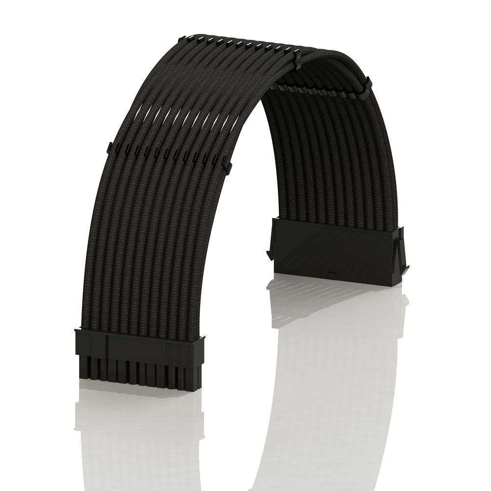 LINKUP ATX 24-Pin PSU Extension Cable | Braided Sleeved, 30cm, Black