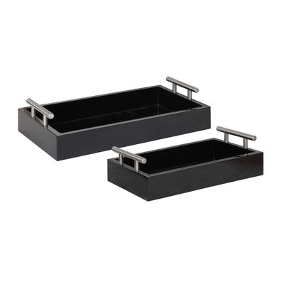 Kate and Laurel Lipton Modern Tray Set, Set of 2, Black and Silver, Glam Decorative Trays for Storage and Display