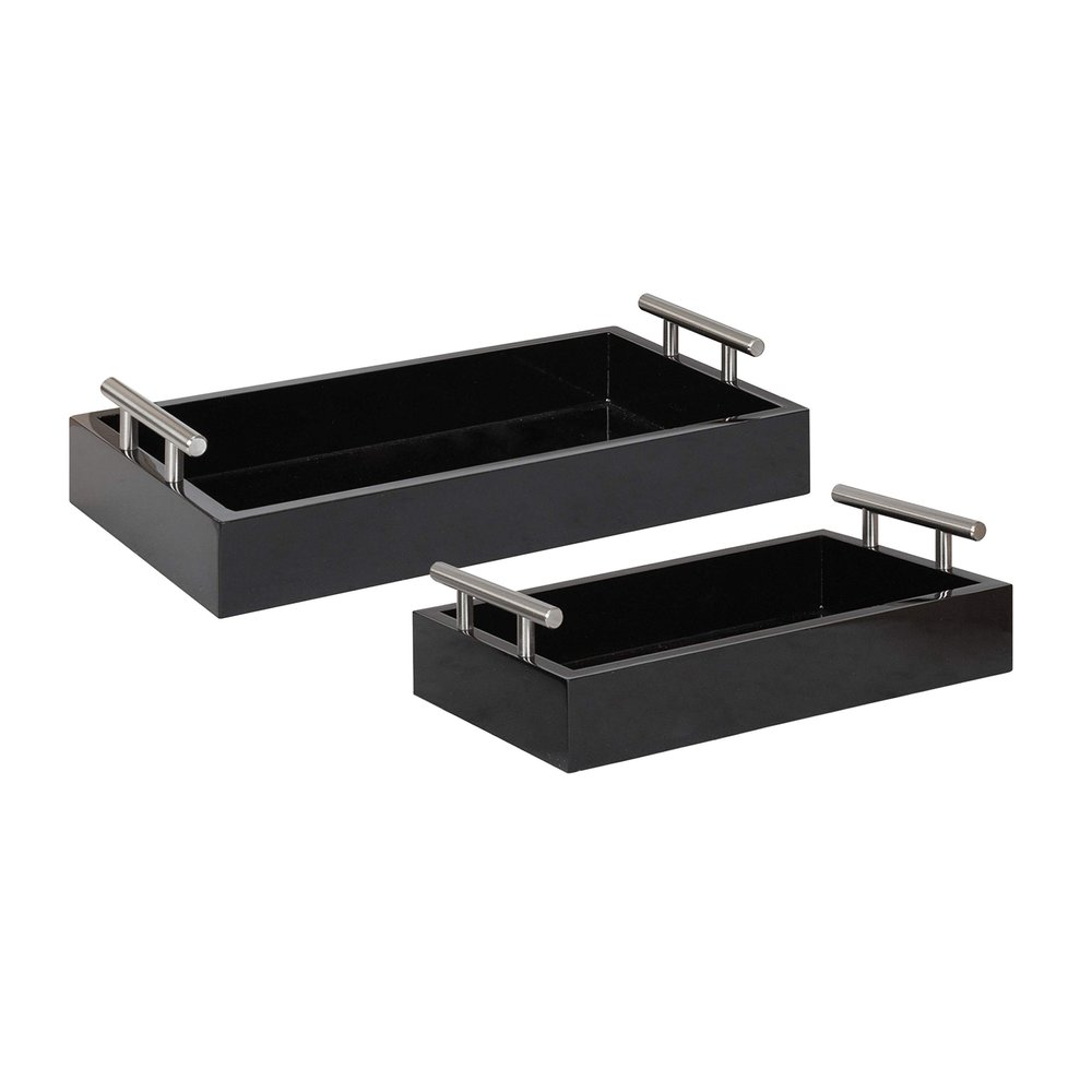 Kate and Laurel Lipton Modern Tray Set, Set of 2, Black and Silver, Glam Decorative Trays for Storage and Display