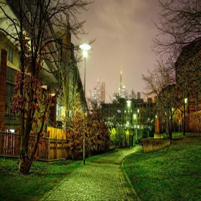 Iconic Arts Laminated 24x36 Poster: Landscape View of City and Walkway Between Houses with Lights hd Nature HD