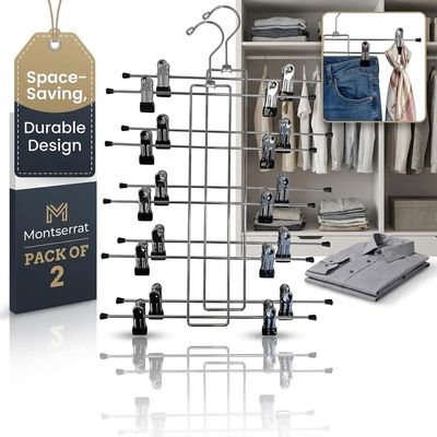 5 Tier Metal Hangers with Clips - Pack of 2 Space-Saving Wire Hangers, Heavy Duty Stainless Steel Clothes Hangers for Pants, Skirts, Scarves, and Jeans - Ideal for Closet Organization
