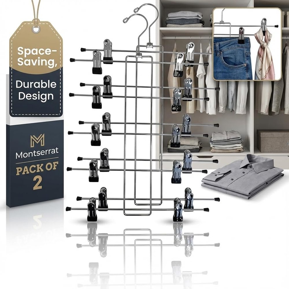 5 Tier Metal Hangers with Clips - Pack of 2 Space-Saving Wire Hangers, Heavy Duty Stainless Steel Clothes Hangers for Pants, Skirts, Scarves, and Jeans - Ideal for Closet Organization