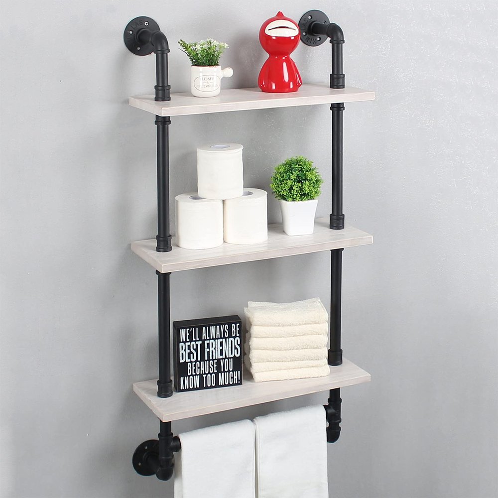 Bathroom Shelves Wall Mounted,19.6in Rustic Wood Shelf with Towel Bar,3 Tier Farmhouse Towel Rack Over Toilet,Pipe Shelving Floating Shelves Towel Holder,Black & White