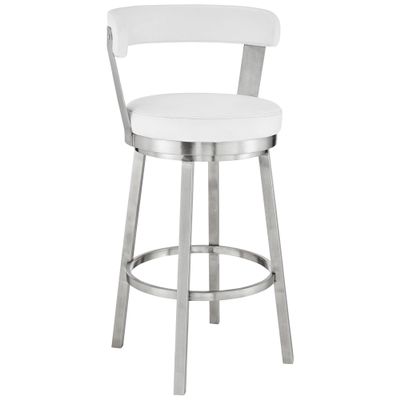 Armen Living Bryant Modern 30" Seat Height White Faux Leather and Brushed Stainless Steel Metal Swivel Bar Stool for Kitchen Island Counter