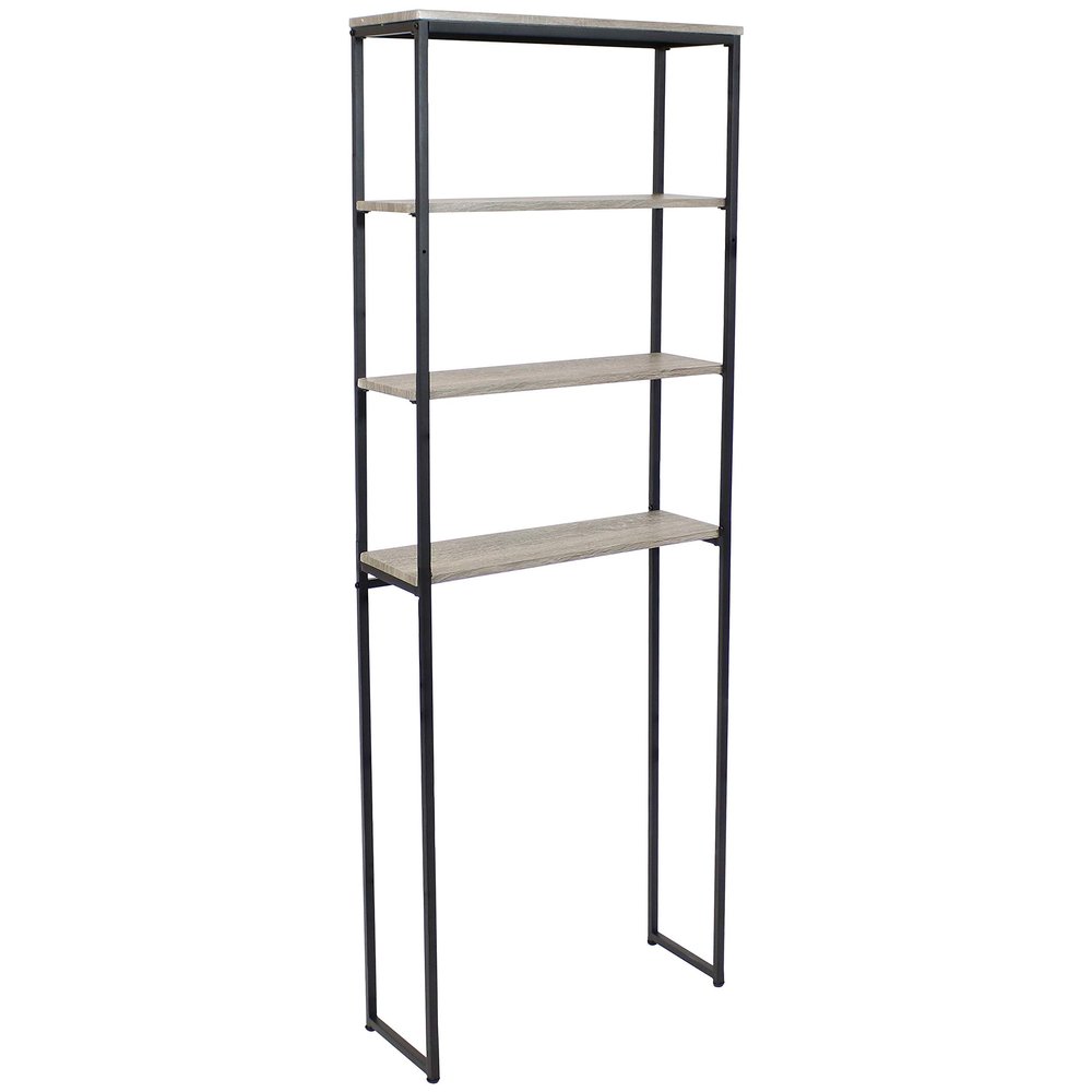 Sunnydaze 69-Inch 4-Tier Over-The-Toilet Shelf - Open Shelves, Veneer Finish and Black Iron Frame - Oak Gray