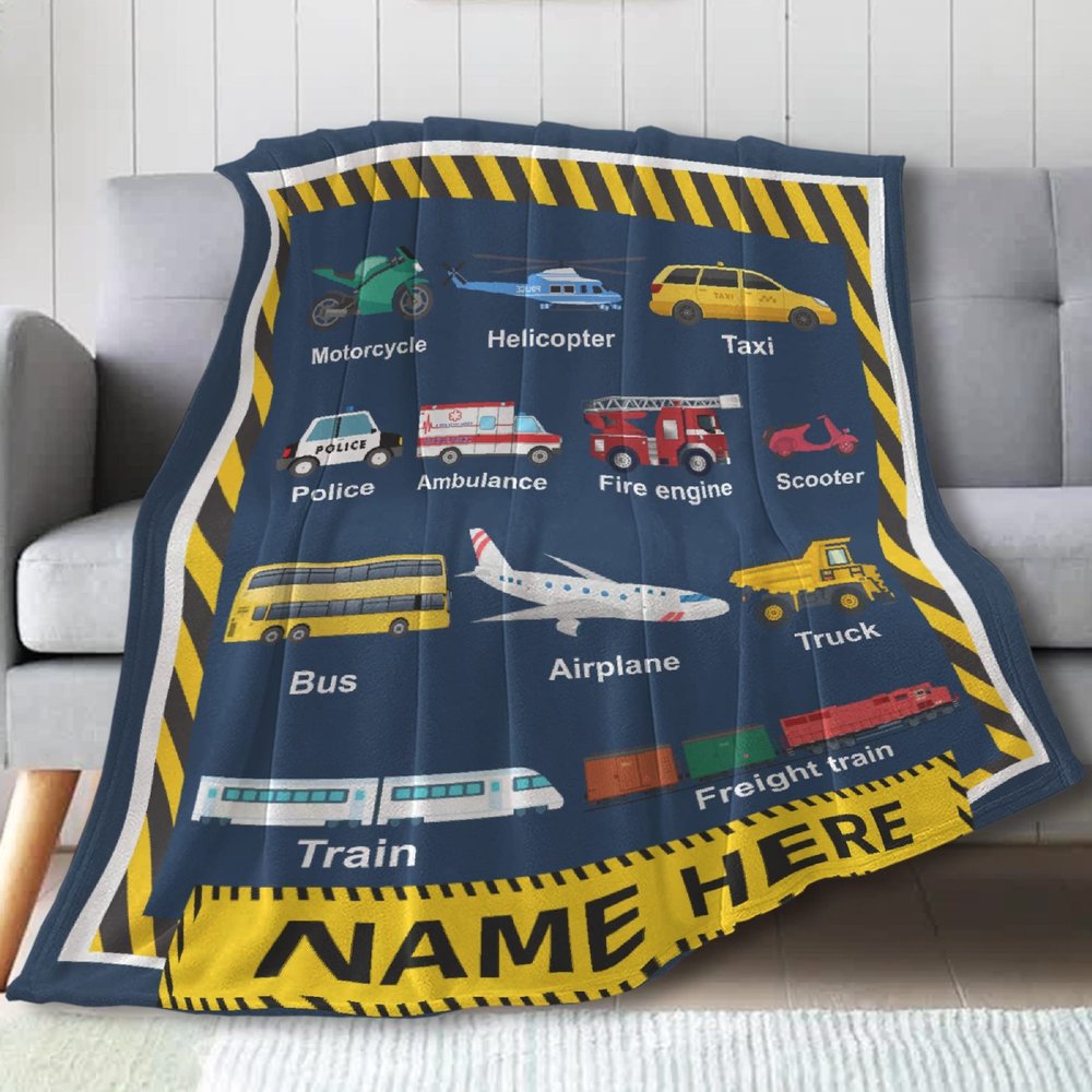 Astede Personalized Custom Name Blanket, Personalise Name Dump Truck Bulldozer Throw Blankets for Boys Girls Kids Baby Toddler Construction Trucks Tractor Firetruck Garbage 120 x 90 Inch for Family