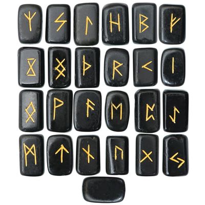 Crocon Black Agate Rectangle Shape Gemstone Runes with Elder Futhark Alphabet Engraved 25 pcs Rune Set Crystal Metaphysical Healing Chakra Reiki Runes Set with a Pouch Fathers day gift Size: 20-25mm