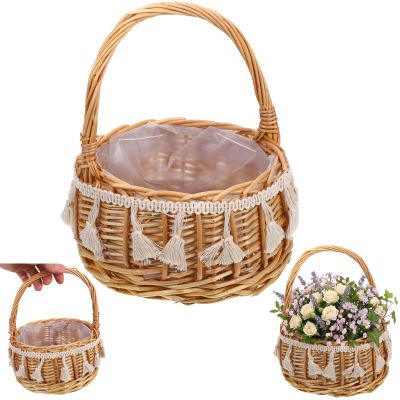 Small Woven Flower Girl Basket with Handle, 8.3 Inch Rustic Wicker Easter Egg Hunt Basket for Toddlers, Boho Rattan Flower Basket with Plastic Liner for Wedding Ceremony