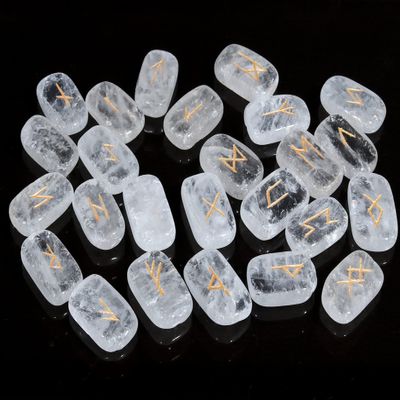 Crocon Clear Quartz Rectangle Shape Gemstone Runes with Elder Futhark Alphabet Engraved 25 pcs Rune Set Crystal Divination Metaphysical Healing Chakra Reiki Runes Set with a Pouch| Size : 20-25mm