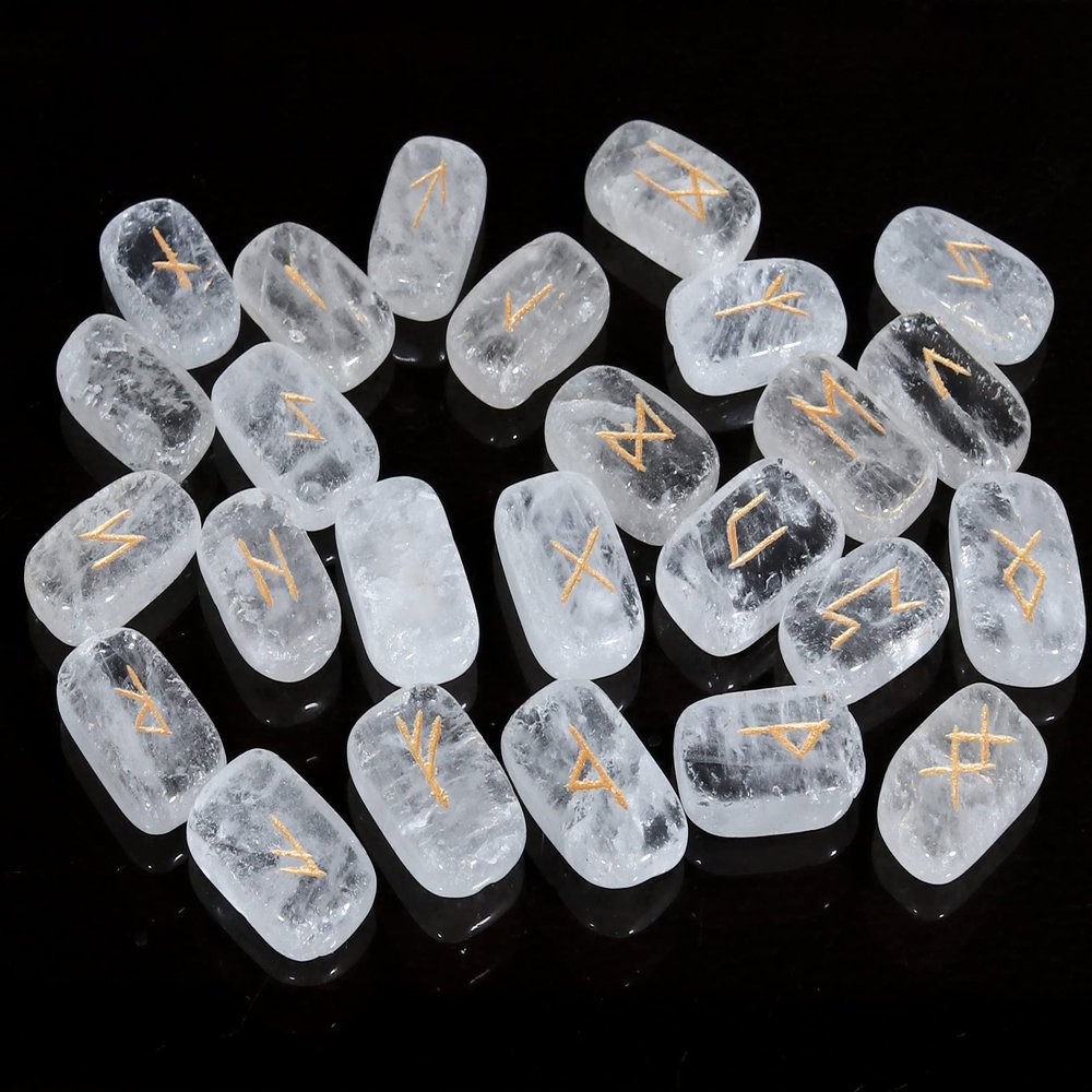Crocon Clear Quartz Rectangle Shape Gemstone Runes with Elder Futhark Alphabet Engraved 25 pcs Rune Set Crystal Divination Metaphysical Healing Chakra Reiki Runes Set with a Pouch| Size : 20-25mm