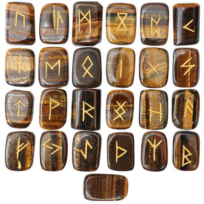 Crocon Tiger Eye Rectangle Shape Gemstone Runes with Elder Futhark Alphabet Engraved 25 pcs Rune Set Crystal Divination Metaphysical Healing Chakra Reiki Runes Set with a Pouch Size : 20-25mm
