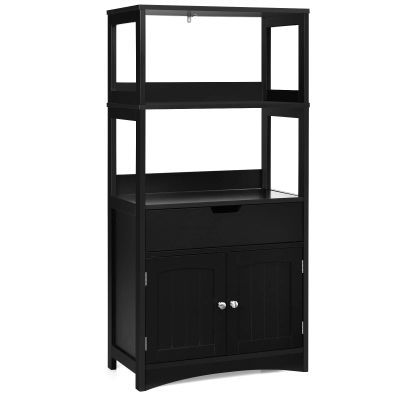Tangkula Bathroom Floor Cabinet with Drawer, 2 Open Shelves and Door Cupboard, Multipurpose Free Standing Storage Cabinet for Bathroom Kitchen Living Room, 24 x 13 x 48 inch (Black)