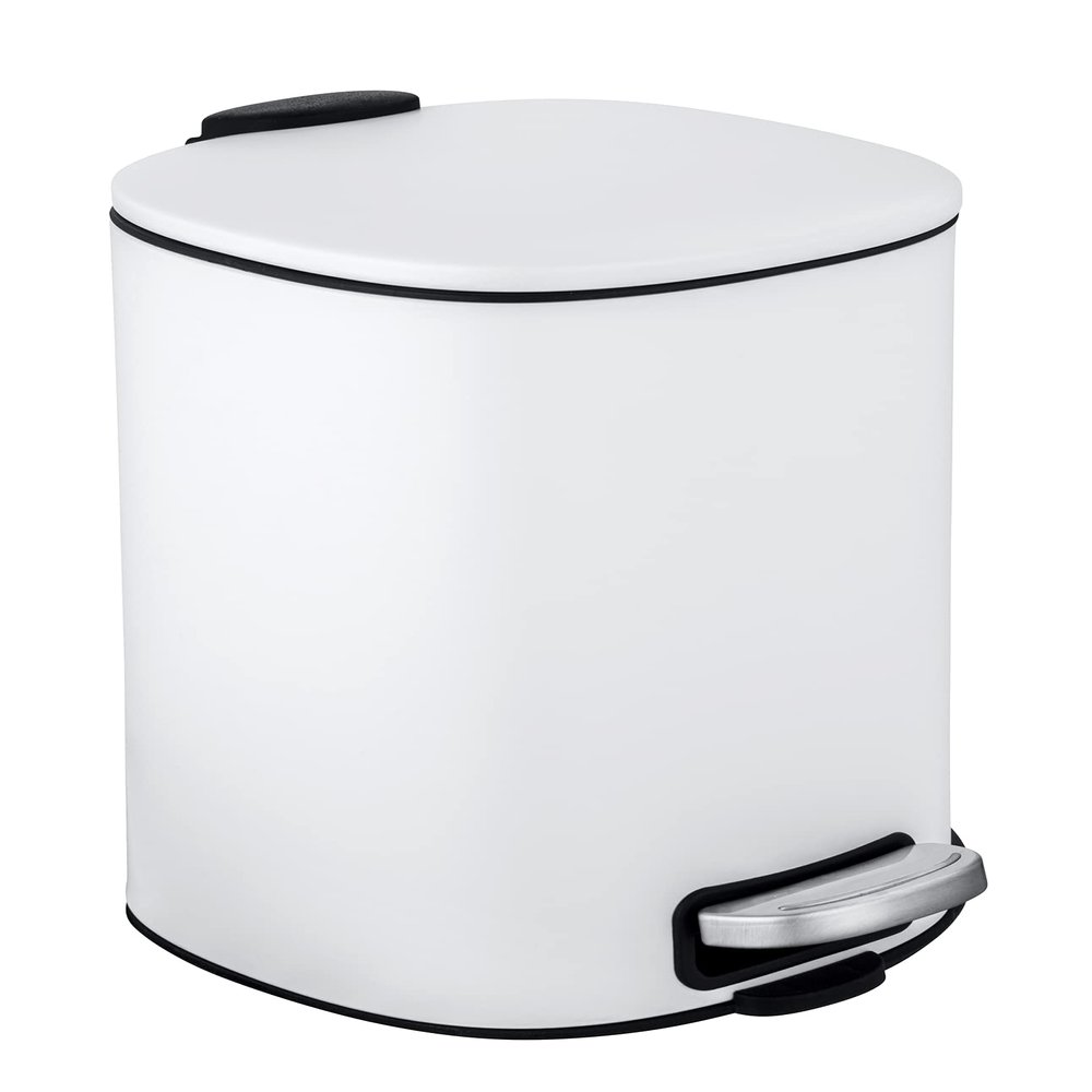 WENKO Alassio Cosmetic Pedal Bin, 5 Litre Volume, High Quality Bathroom Bin with Easy-Close Mechanism, Painted Steel, 24.5 x 20.5 x 27 cm, White