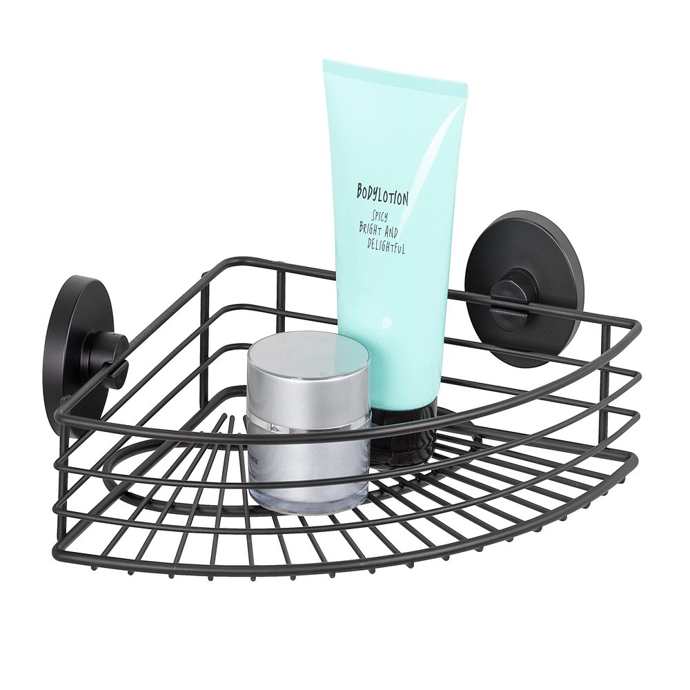 Wenko Vacuum-Loc Bari Corner Shelf, Black, Wall Shelf for Mounting without Drilling, Shower Shelf with Vacuum Attachment Made of Steel, Black Painted, Bathroom Shelf in Loft Style, 35 x 9 x 22.5 cm
