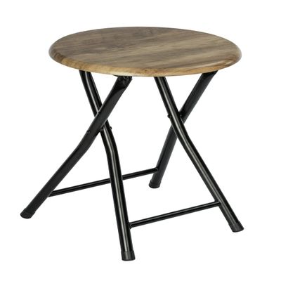 WENKO Forio Folding Bathroom Stool - Small Industrial Design or Plant Stool with Loft Character, Painted Steel with MDF Seat, Diameter 30 x Height 46 cm, Black/Brown
