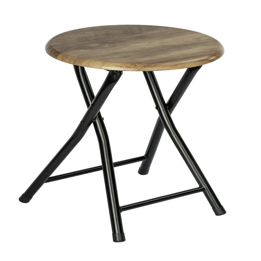 WENKO Forio Folding Bathroom Stool - Small Industrial Design or Plant Stool with Loft Character, Painted Steel with MDF Seat, Diameter 30 x Height 46 cm, Black/Brown