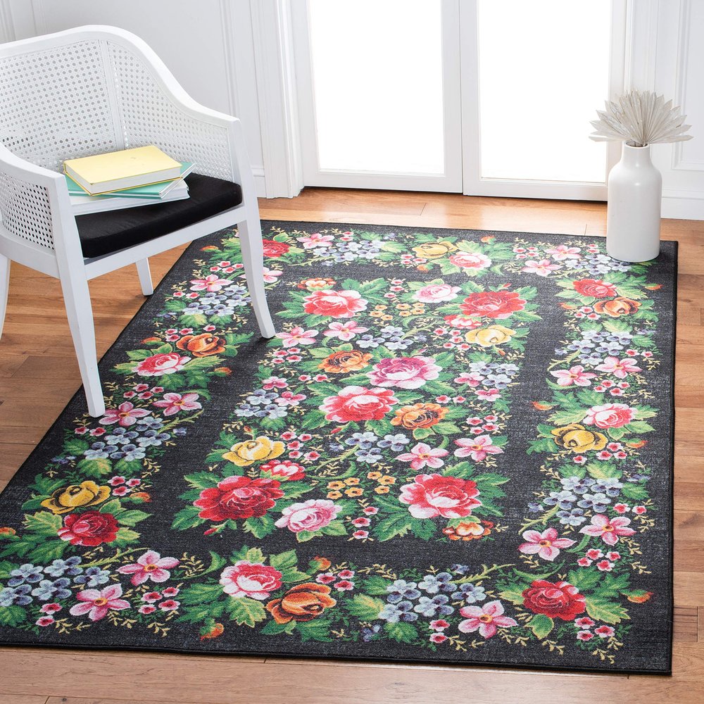 SAFAVIEH Washable Rug Journey Collection - Large - 7'9" x 10', Charcoal & Green, Slip Resistant & Easy Cleaning, Ideal for Living Room, Bedroom, Dining Space (JNY154H)