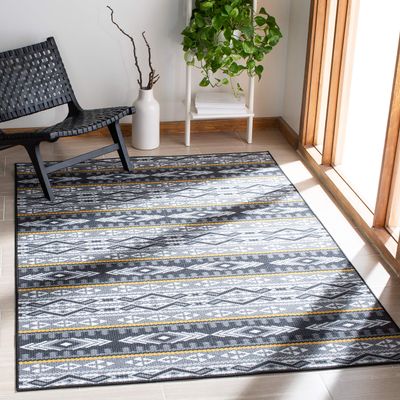SAFAVIEH Washable Rug Journey Collection - Large - 7'9" x 10', Grey & Gold, Slip Resistant & Easy Cleaning, Ideal for Living Room, Bedroom, Dining Space (JNY179F)
