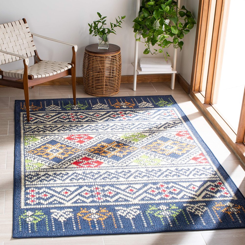 SAFAVIEH Washable Rug Journey Collection - Large - 7'9" x 10', Blue & Ivory, Slip Resistant & Easy Cleaning, Ideal for Living Room, Bedroom, Dining Space (JNY167M)