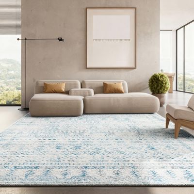 SAFAVIEH Area Rug 8x10 - Tulum Collection - Large - Ivory & Teal, Moroccan Boho Distressed Design, Non-Shedding & Easy to Clean, Ideal for Living Room, Bedroom, Dining Space (TUL271B)