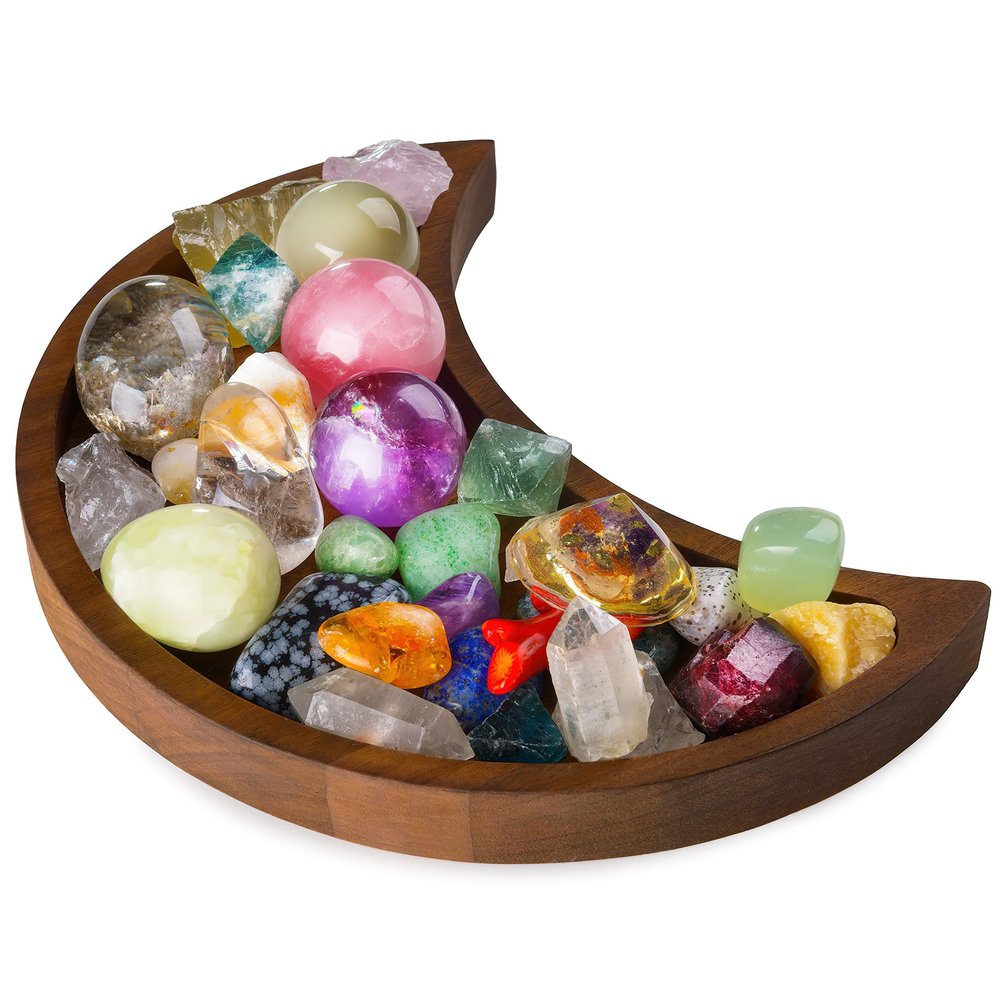 Curawood Crescent Moon Tray - Showcase Your Gems, Healing Stones & Treasures - 10x5 Wooden Crystal Display Tray, Crystal Holder for Stones Display Shelf, Gemstone Rock Holder Charging Bowl, Walnut, L