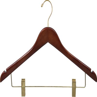 The Great American Hanger Company Wooden Combo Hanger with Adjustable Cushion Clips and Walnut Finish, Box of 25 Flat 17 Inch Wood Hangers with Brass Swivel Hook & Notches