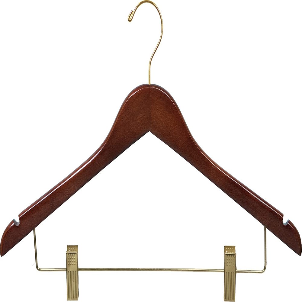 The Great American Hanger Company Wooden Combo Hanger with Adjustable Cushion Clips and Walnut Finish, Box of 25 Flat 17 Inch Wood Hangers with Brass Swivel Hook & Notches