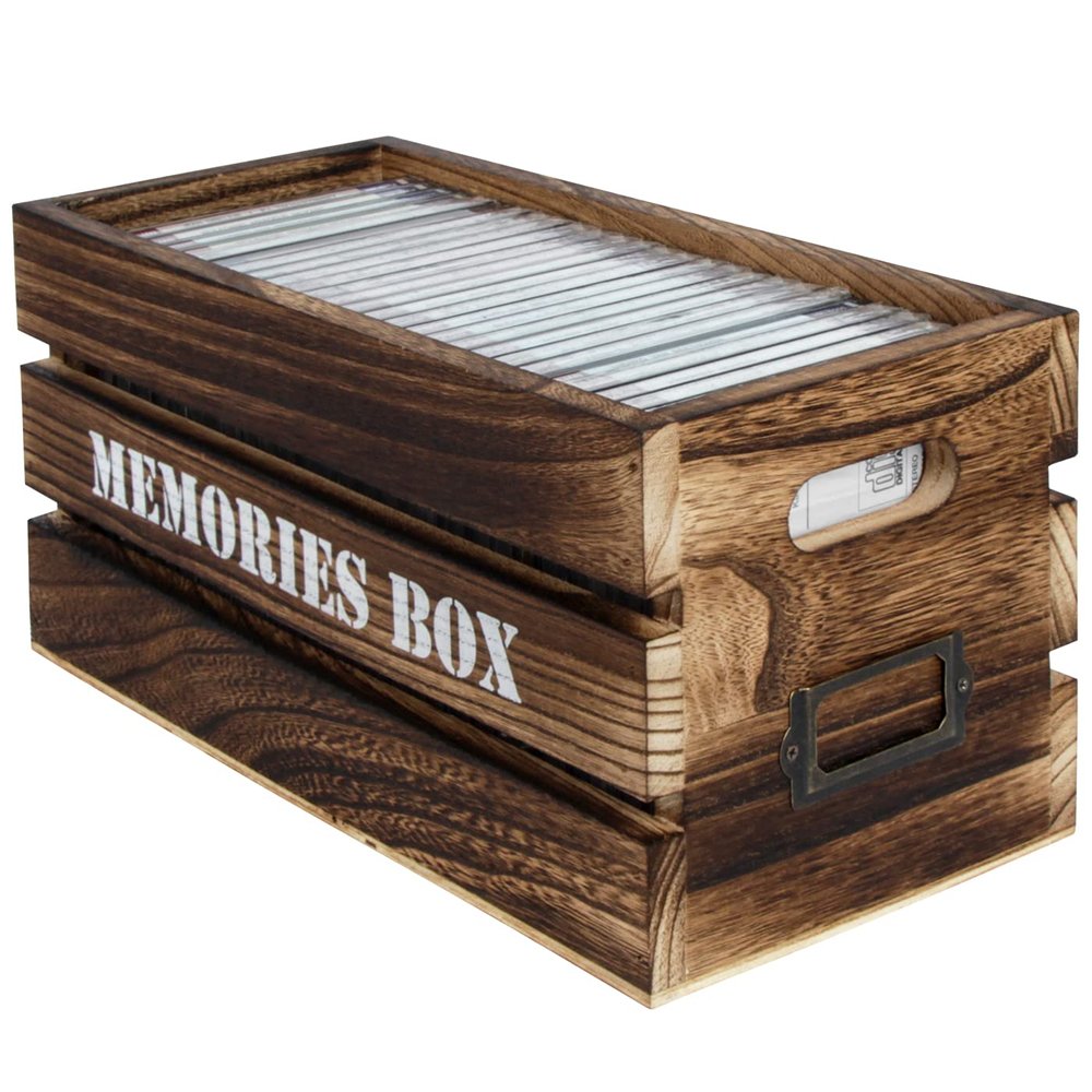 J JACKCUBE DESIGN CD Storage Box Holder Case Tray with Handles, Rustic Wood Media Tray Box Holds 30 CD Cases for Home Storage and Organization- MK1050B