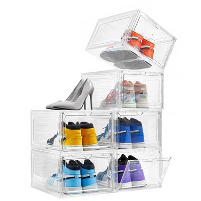 Attelite Shoe Box Organizer,Set of 6,Stackable Plastic Shoe Box with Clear Door, Shoe Storage Box Containers,For Display Sneakers,Easy Assembly,Fit up to US Size 12(13.4x 10.6x 7.4)